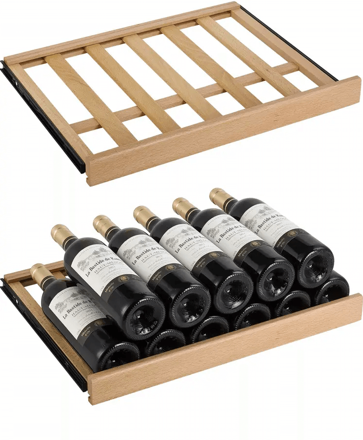 Allavino Vite Series 99 Bottle Dual Zone Freestanding Wine Cooler Refrigerator with Right Hinge Stainless Steel Door YHWR99-2SR20 image of shelf with bottles