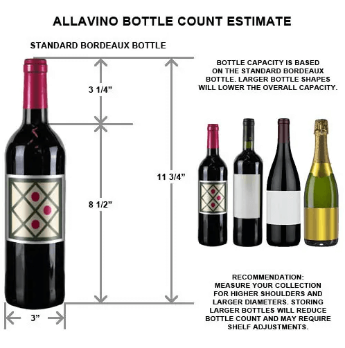 Allavino Vite Series 99 Bottle Dual Zone Freestanding Wine Cooler Refrigerator with Right Hinge Stainless Steel Door YHWR99-2SR20 image of bottle sizes