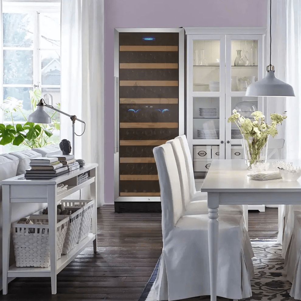 Allavino Vite Series 99 Bottle Dual Zone Freestanding Wine Cooler Refrigerator with Right Hinge Stainless Steel Door YHWR99-2SR20 image of unit built into cabinet