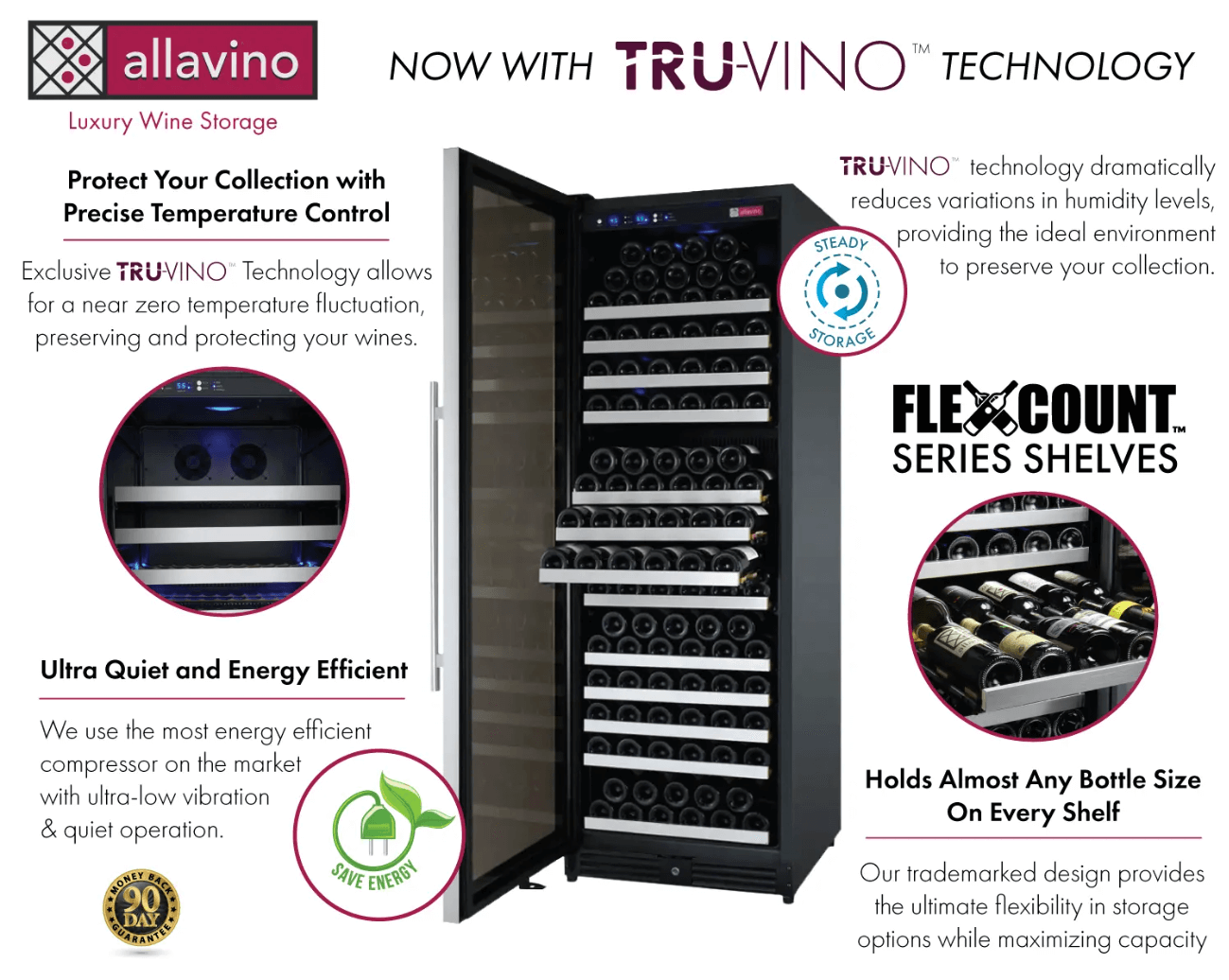 Allavino 24" Wide FlexCount II Tru-Vino 177 Bottle Single Zone Stainless Steel Wine Refrigerator VSWR177-1SL20 image of product highlights