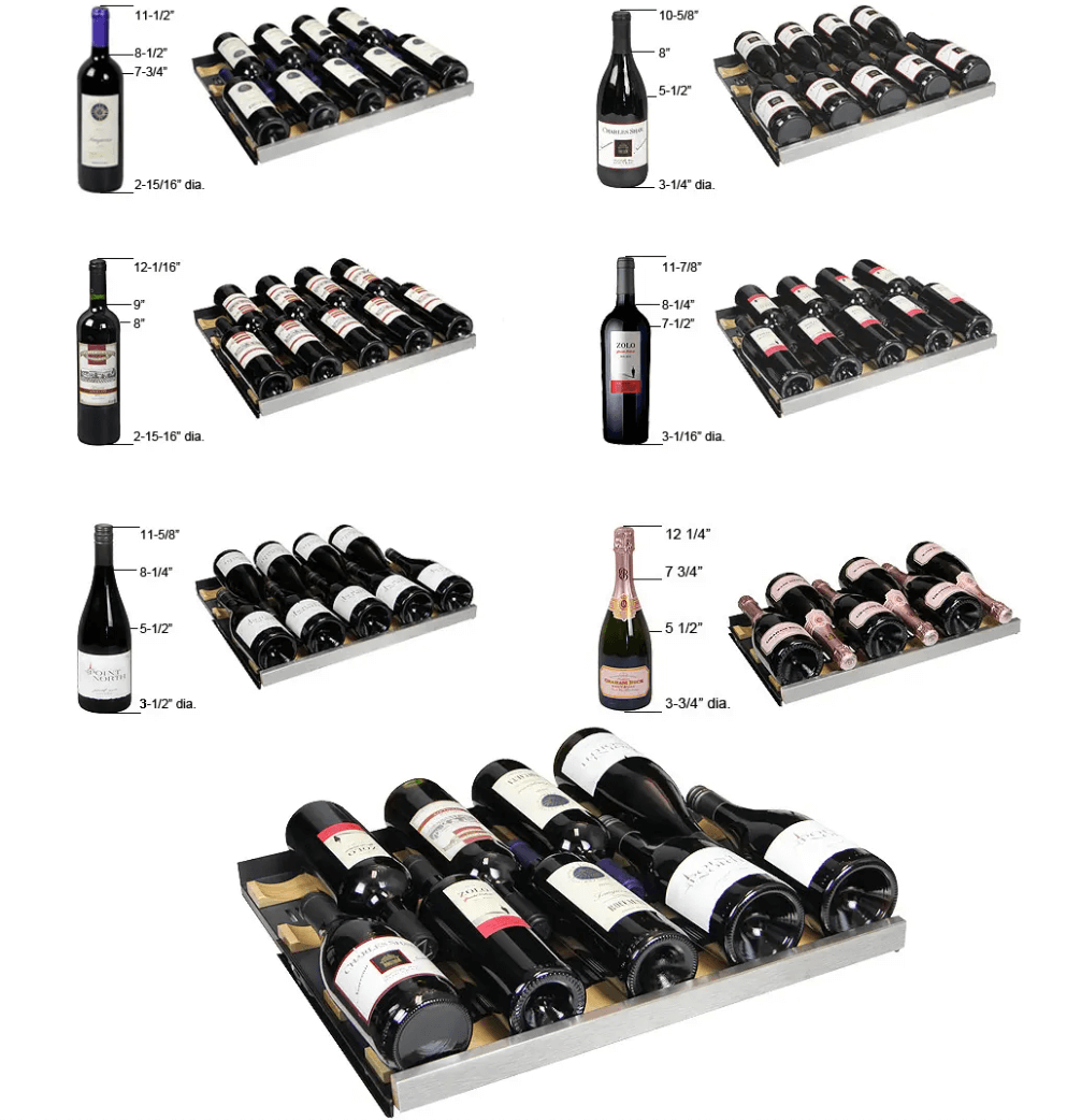 Allavino 24" Wide FlexCount II Tru-Vino 177 Bottle Single Zone Stainless Steel Wine Refrigerator VSWR177-1SL20 image of shelves with bottles