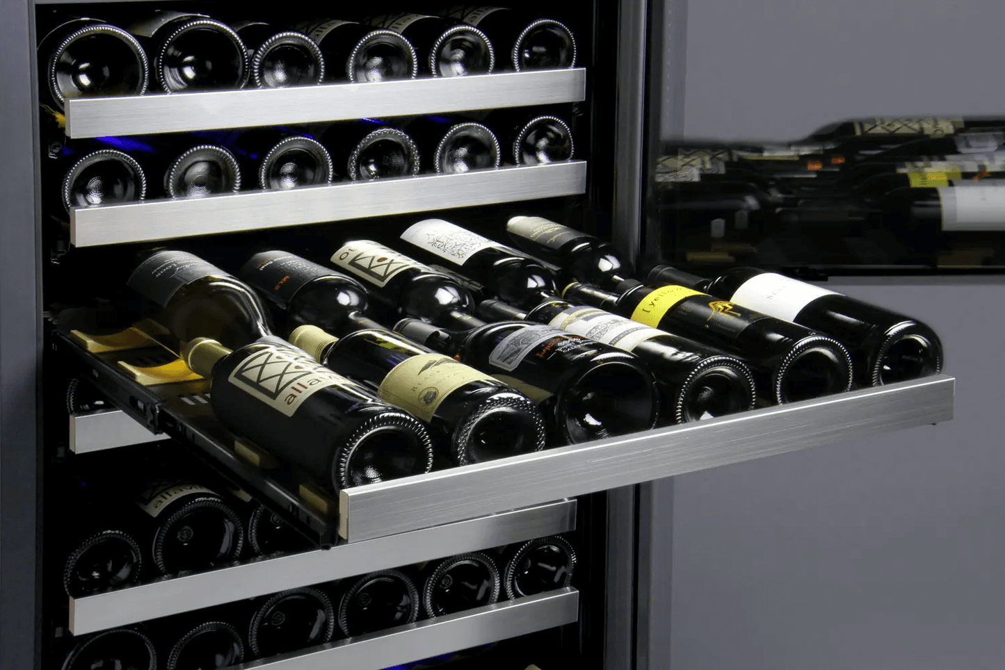 Allavino 24" Wide FlexCount II Tru-Vino 177 Bottle Single Zone Stainless Steel Wine Refrigerator VSWR177-1SL20 image of shelves with bottles