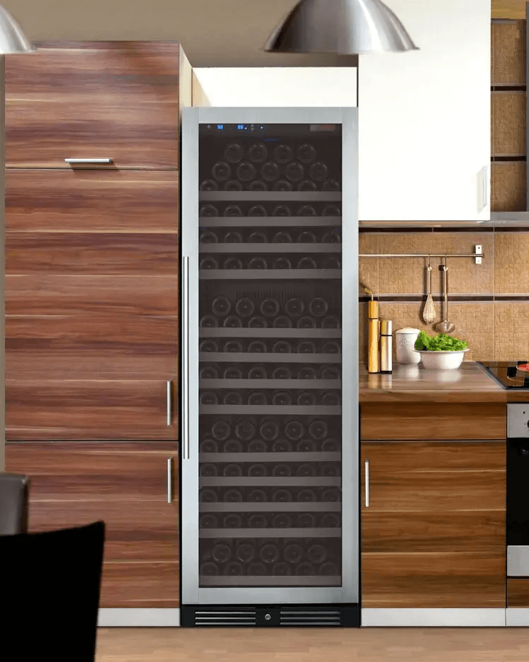 Allavino 24" Wide FlexCount II Tru-Vino 177 Bottle Single Zone Stainless Steel Wine Refrigerator VSWR177-1SL20 image of unit built into a cabinet