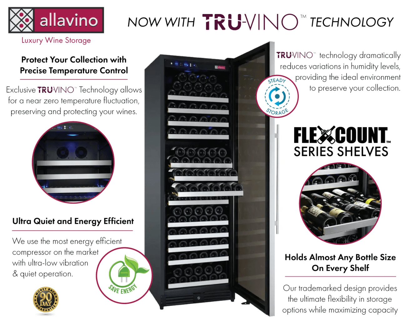 Allavino 24" Wide FlexCount II Tru-Vino 177 Bottle Single Zone Stainless Steel Wine Refrigerator VSWR177-1SL20 image of product highlights