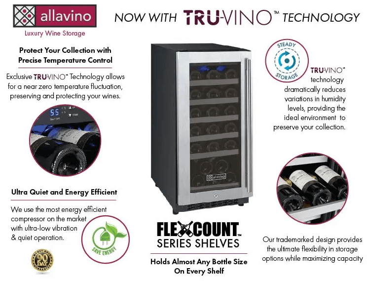 Allavino 15" Wide FlexCount II Tru-Vino 30 Bottle Single Zone Stainless Steel Wine Refrigerator VSWR30-1SR20 image of product highlights