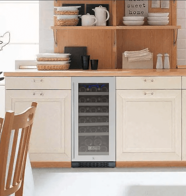 Allavino 15" Wide FlexCount II Tru-Vino 30 Bottle Single Zone Stainless Steel Wine Refrigerator VSWR30-1SR20 image of unit built into cabinet