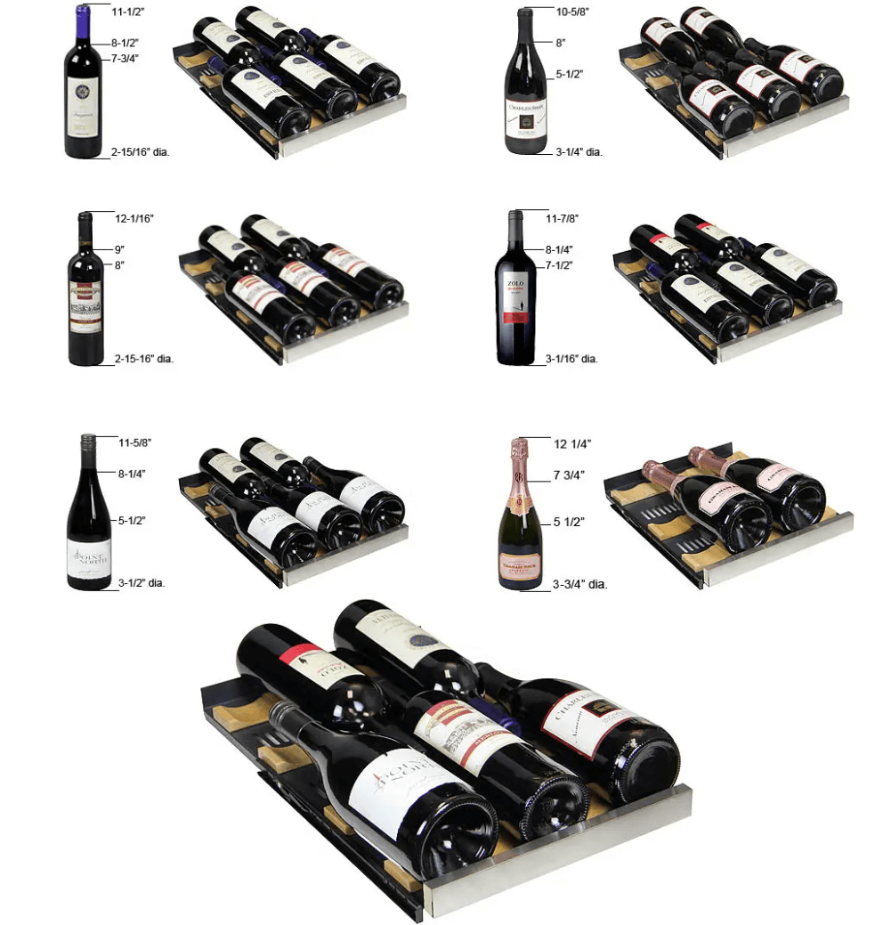 Allavino 15" Wide FlexCount II Tru-Vino 30 Bottle Single Zone Stainless Steel Wine Refrigerator VSWR30-1SR20 image of product shelving with wine bottles