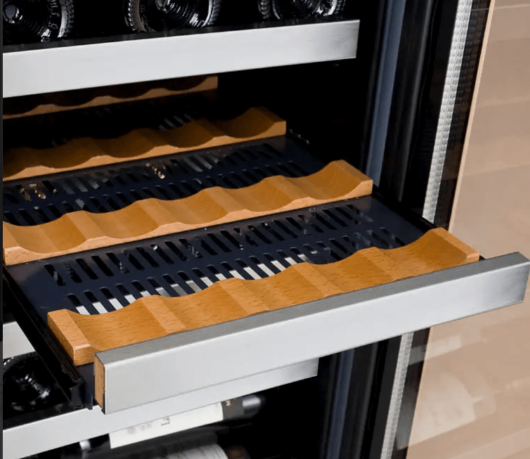 Allavino 15" Wide FlexCount II Tru-Vino 30 Bottle Single Zone Stainless Steel Wine Refrigerator VSWR30-1SR20 image of product shelving with wine bottles