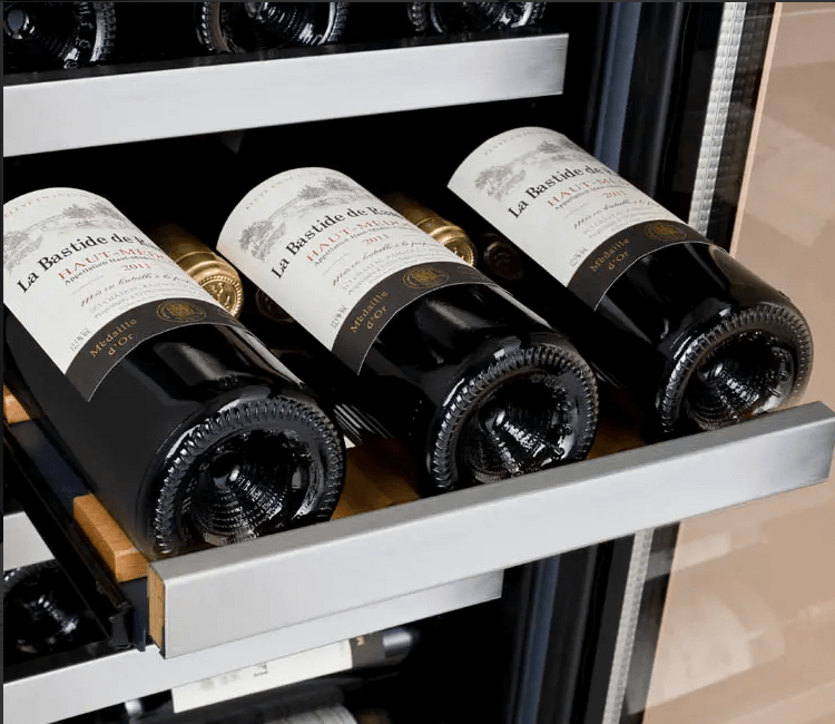 Allavino 15" Wide FlexCount II Tru-Vino 30 Bottle Single Zone Stainless Steel Wine Refrigerator VSWR30-1SR20 image of product shelving with wine bottles