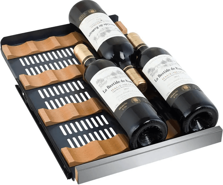 Allavino 15" Wide FlexCount II Tru-Vino 30 Bottle Single Zone Stainless Steel Wine Refrigerator VSWR30-1SR20 image of product shelving with wine bottles