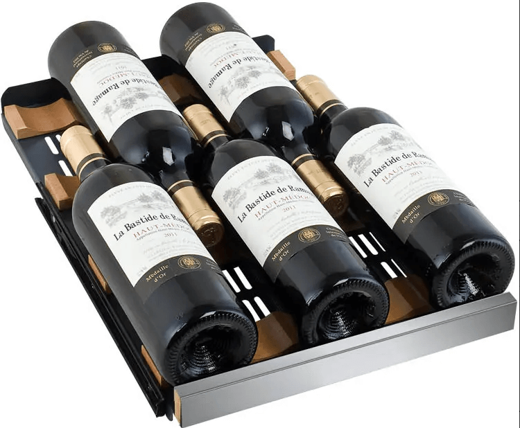 Allavino 15" Wide FlexCount II Tru-Vino 30 Bottle Single Zone Stainless Steel Wine Refrigerator VSWR30-1SR20 image of product shelving with wine bottles