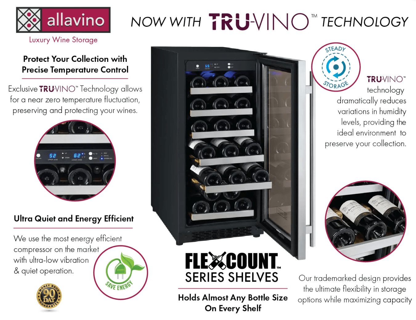 Allavino 15" Wide FlexCount II Tru-Vino 30 Bottle Single Zone Stainless Steel Wine Refrigerator VSWR30-1SR20 image of product highlights