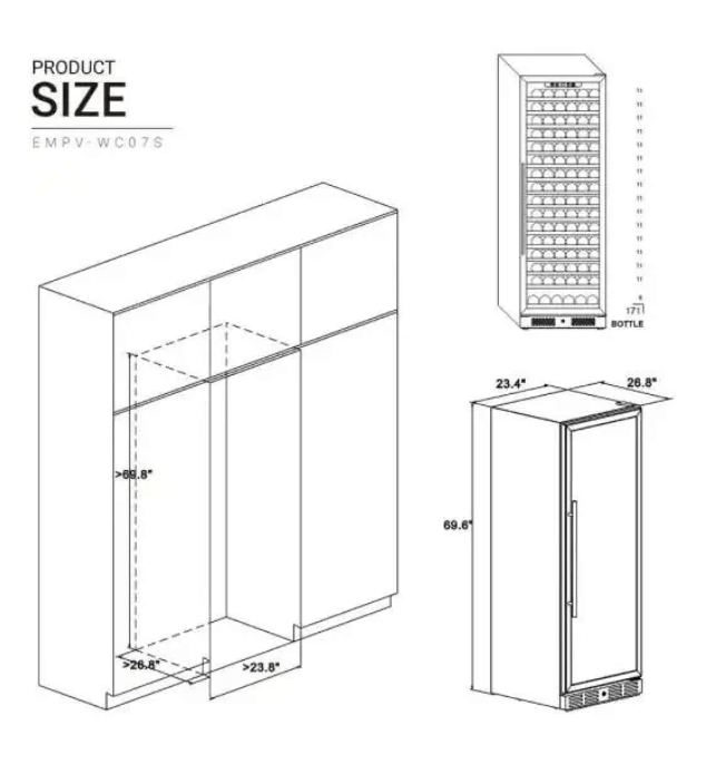 Empava Single Zone Wine Cooler 70 inch Tall Wine Fridge EMPV-WC07S with image of unit dimensions