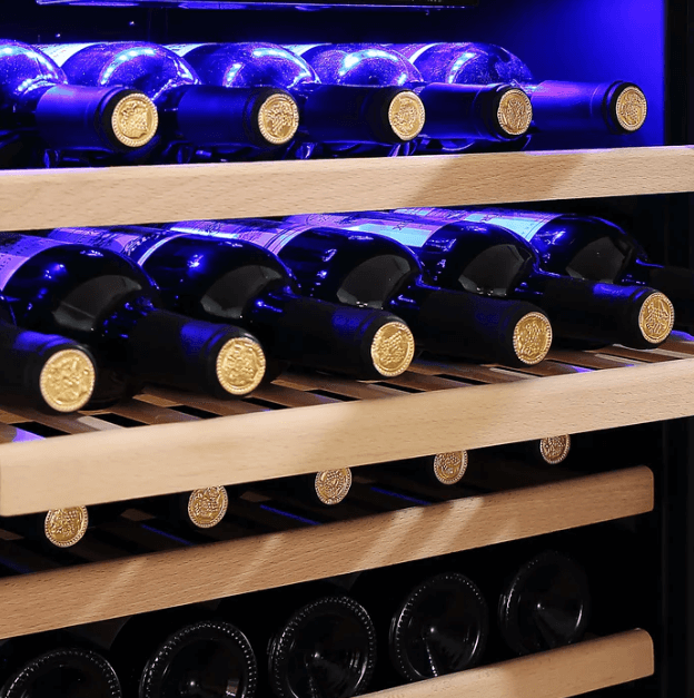 Empava Single Zone Wine Cooler 55 inch Tall Wine Fridge EMPV-WC05S with image of wine bottles on shelves