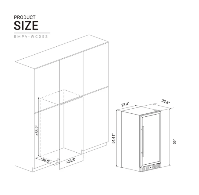 Empava Single Zone Wine Cooler 55 inch Tall Wine Fridge EMPV-WC05S with image of unit dimensions