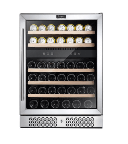 Empava EMPV-WC04D 24 Dual Zone Wine & Beverage Cooler showcasing wine bottles and beverage cans.