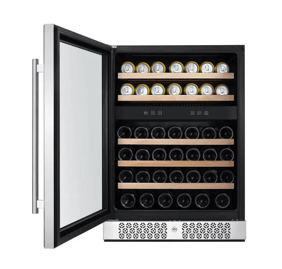 Empava EMPV-WC04D 24 Dual Zone Wine & Beverage Cooler with wine bottles and beverage cans displayed.