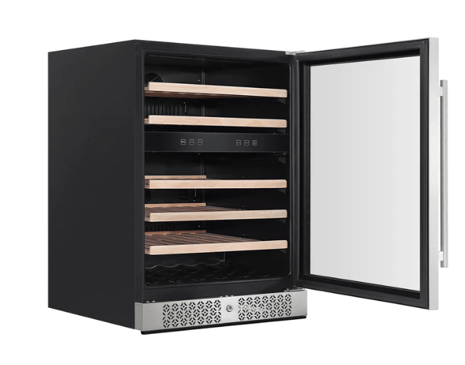Empava EMPV-WC04D 24 Dual Zone Wine & Beverage Cooler with wooden shelves and glass door open.