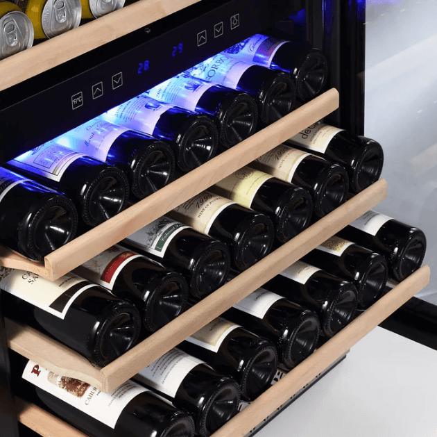 Empava Dual Zone Wine Cooler 24 inch Wide Wine & Beverage Cooler EMPV-WC04D with image of wine bottles on shelves