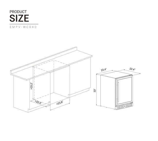 Empava Dual Zone Wine Cooler 24 inch Wide Wine & Beverage Cooler EMPV-WC04D with image of unit dimensions