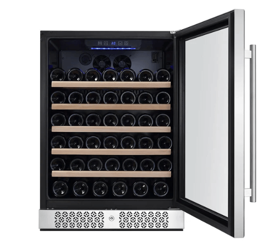 Empava EMPV-WC03S 52-Bottle Single Zone Wine Cooler with open door showcasing bottle racks and temperature display.