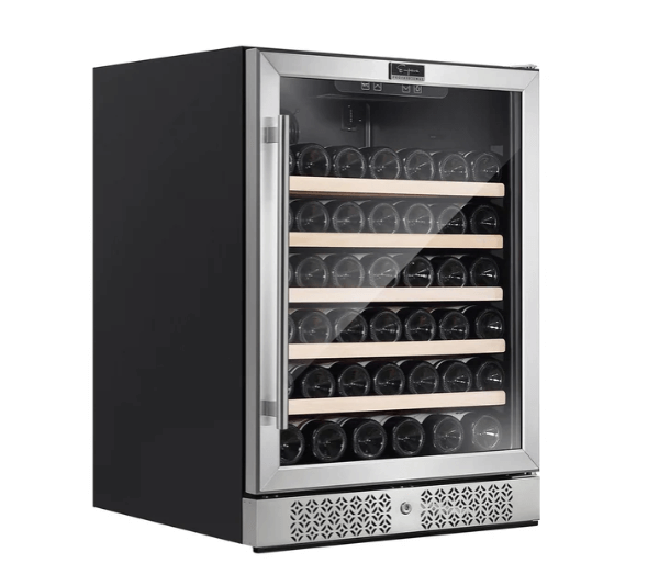 Empava EMPV-WC03S 52-Bottle Single Zone Wine Cooler with a sleek design and wooden shelves.