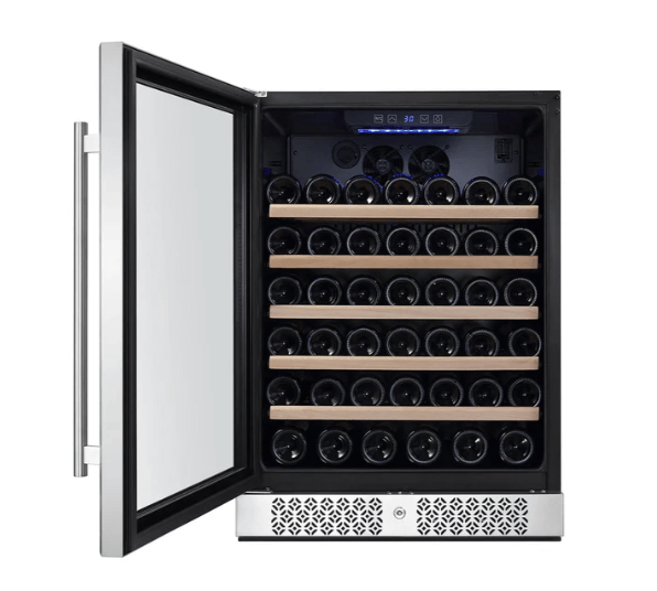 Empava EMPV-WC03S 52-Bottle Single Zone Wine Cooler with open door and wine bottles displayed.