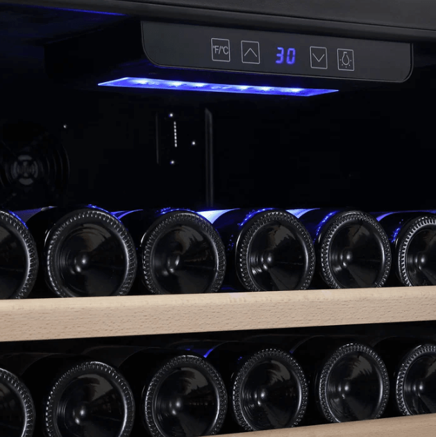Empava EMPV-WC03S 52-Bottle Single Zone Wine Cooler interior showcasing wine bottles and temperature control display.