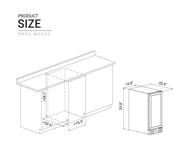 Dimensions and size details for the 15 inch dual zone wine cooler by Empava EMPV-WC02D.