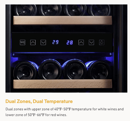 15 inch dual zone wine cooler control panel displaying temperatures for dual zones.