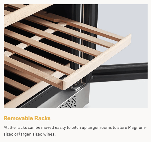 Removable racks in a 15 inch dual zone wine cooler ensure easy access for storing Magnum-sized wines.