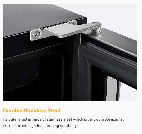 Durable stainless steel hinge detail of the 15 inch dual zone wine cooler by Empava EMPV-WC02D.