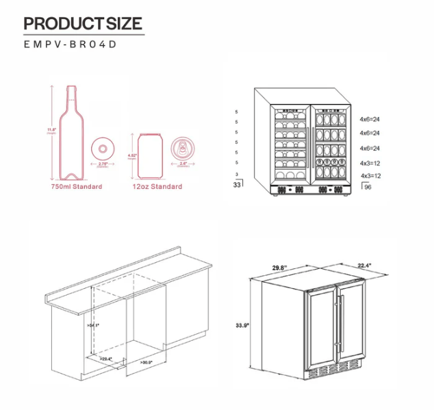 Dual Zone Wine & Beverage Cooler by Empava EMPV-BR04D image of unit dimensions