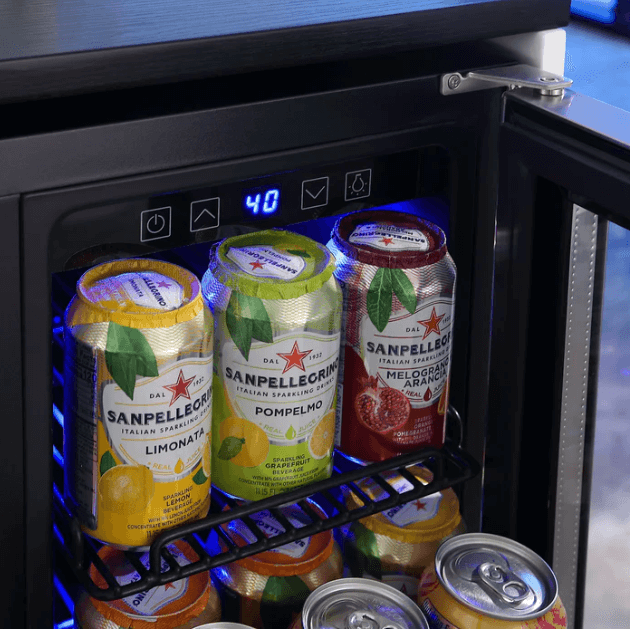 Dual Zone Wine and Beverage Cooler by Empava EMPV-BR03D with image of cans on shelves