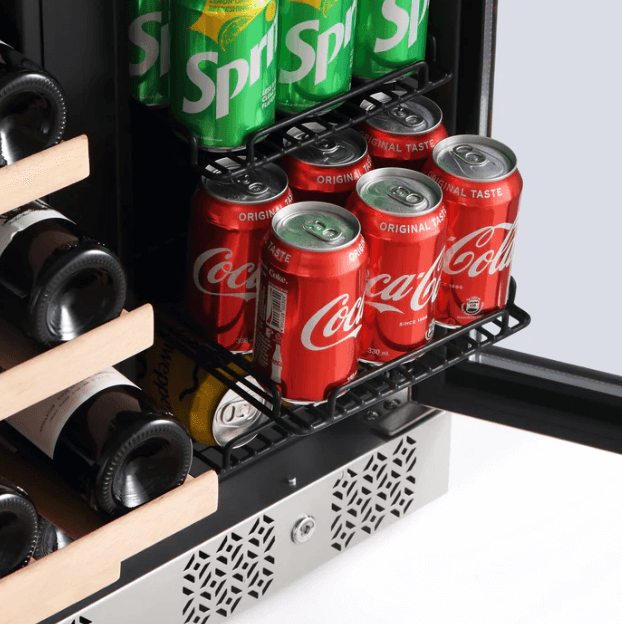 Dual Zone Wine and Beverage Cooler by Empava EMPV-BR03D with image of cans and bottles on shelves
