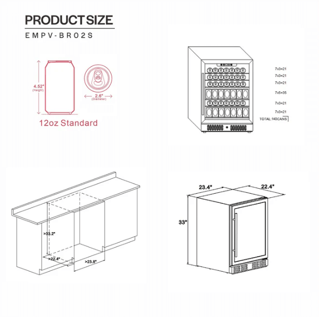 24 Inch Beverage Fridge by Empava EMPV-BR02S with image of unit dimensions
