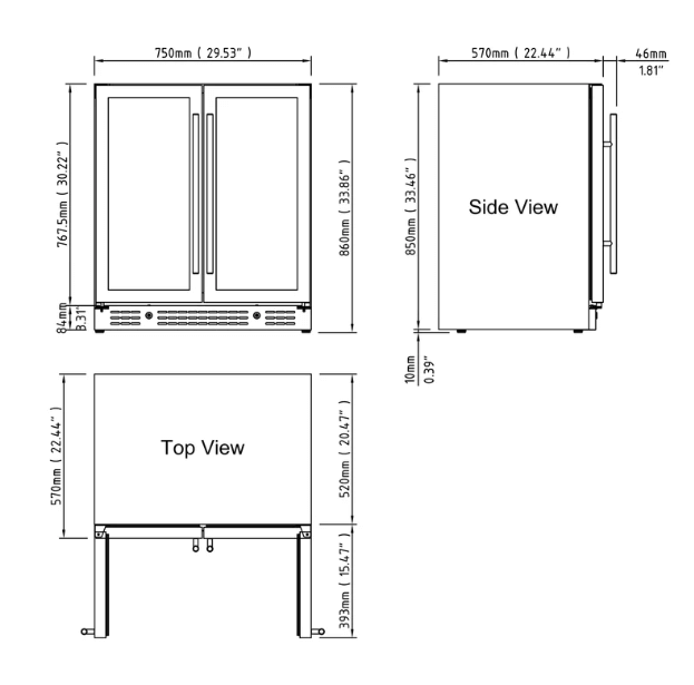 30-inch Dual Zone Wine Cooler with Low-E Glass Door KBU165W2 with image of unit dimensions