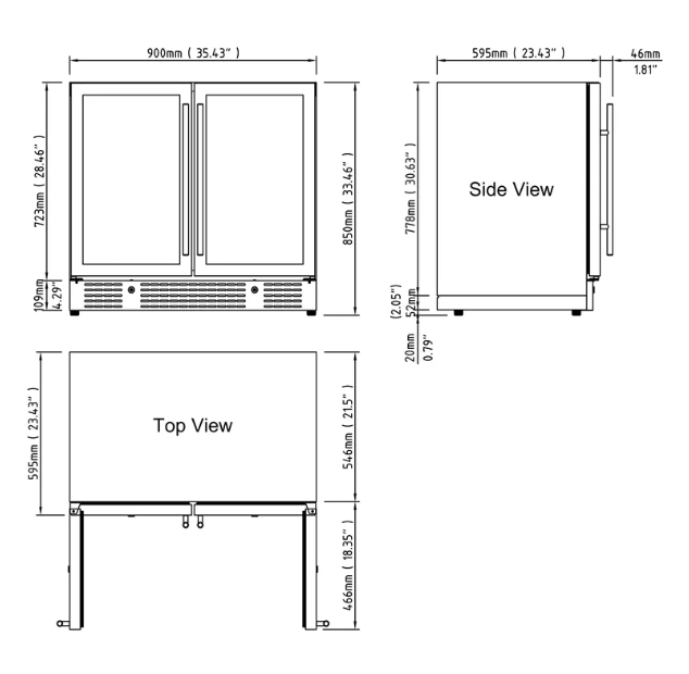 36-inch Beer and Wine Cooler Combination  KBU190BW with image of product dimensions