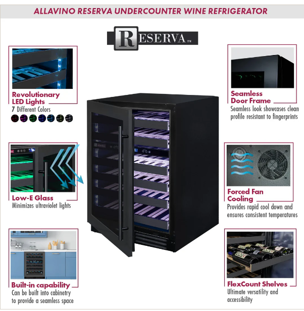 Allavino Reserva Series 50 Bottle Dual Zone Built-in Wine Cooler Refrigerator with Black Stainless Steel Door BDW5034D-2BSR