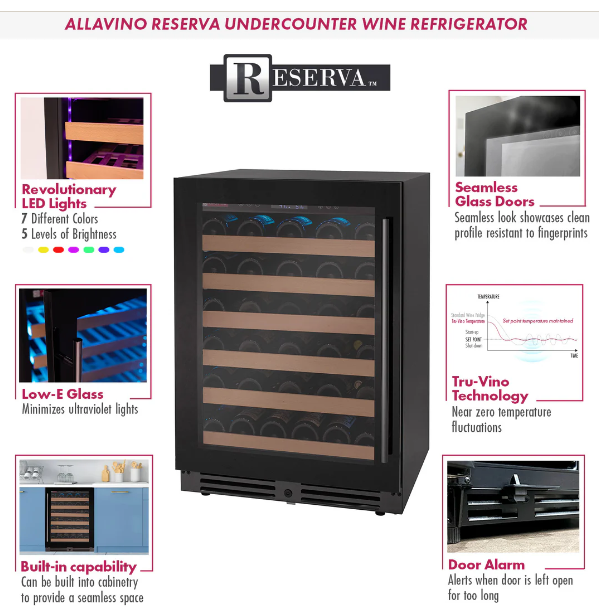 Allavino Reserva Series 50 Bottle Single Zone Built-in Wine Cooler Refrigerator with Black Glass Door