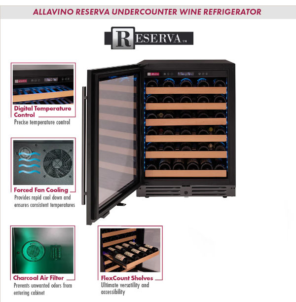 Allavino Reserva Series 50 Bottle Single Zone Built-in Wine Cooler Refrigerator with Black Glass Door