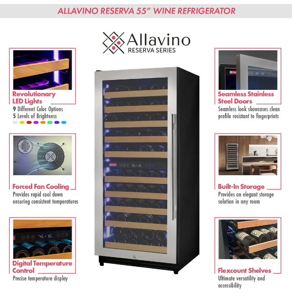 Allavino Reserva Series 119 Bottle 55" Tall Dual Zone Stainless Steel Wine Refrigerator/Cooler VSW11955D-2SR