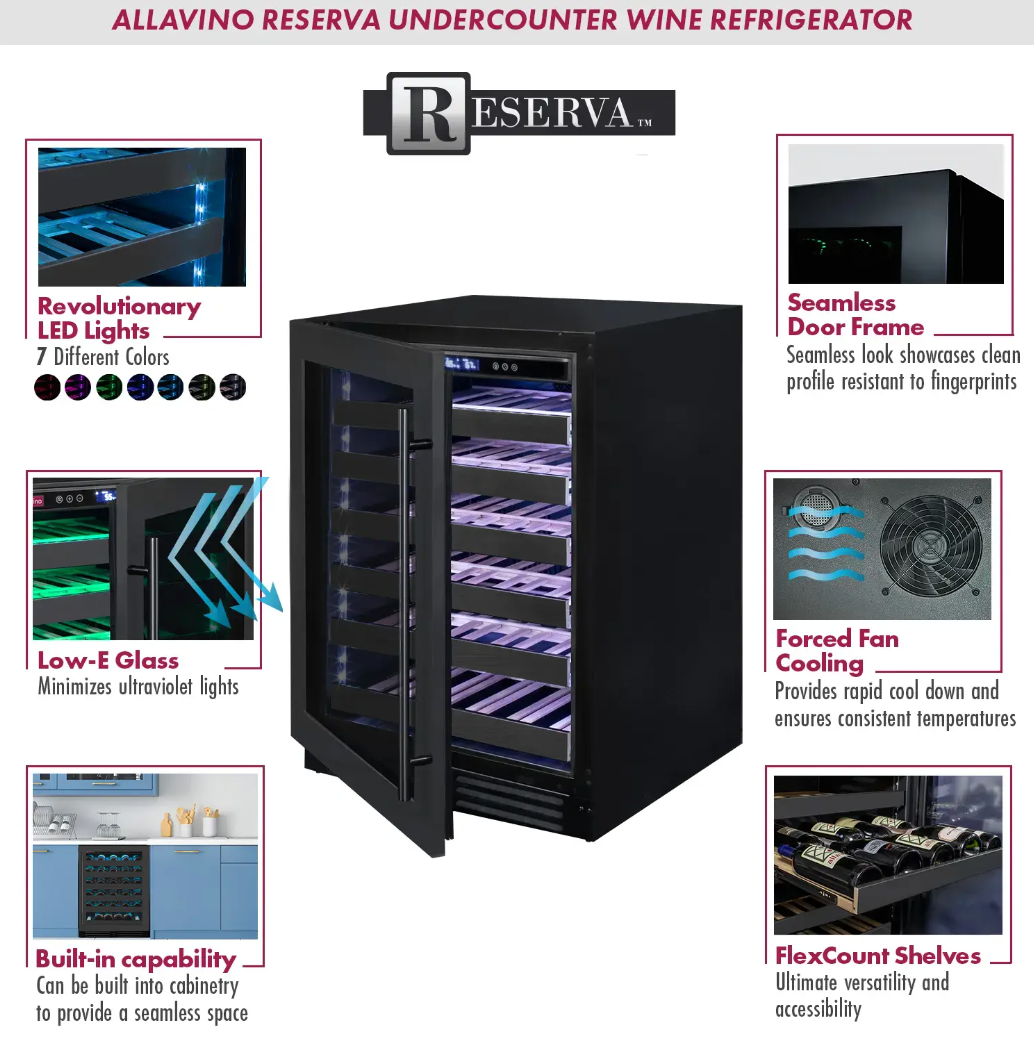 Allavino Reserva Series 50 Bottle Single Zone Built-in Wine Cooler Refrigerator with Black Stainless Door BDW5034S-1BSL