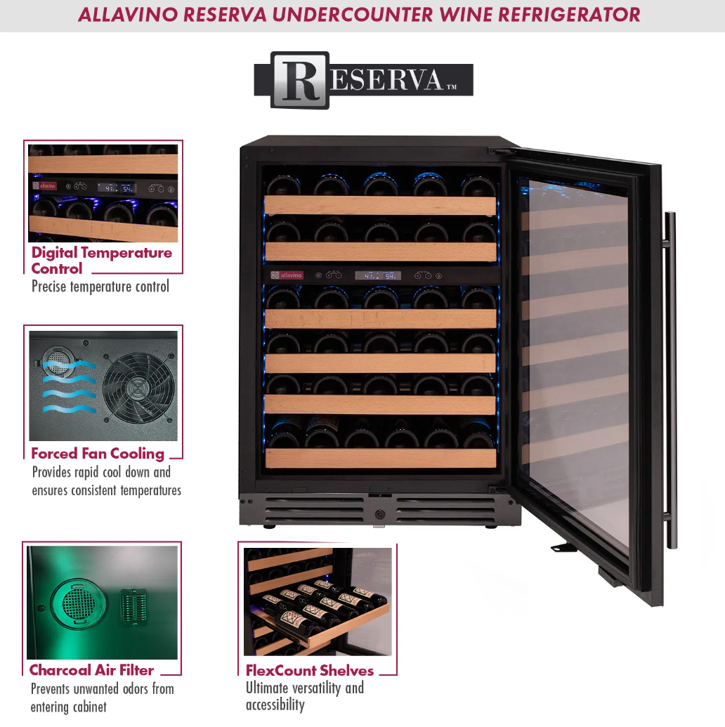 Allavino Reserva Series 50 Bottle Dual Zone Undercounter Wine Cooler Refrigerator with Black Glass Door BDW5034D-2BGL