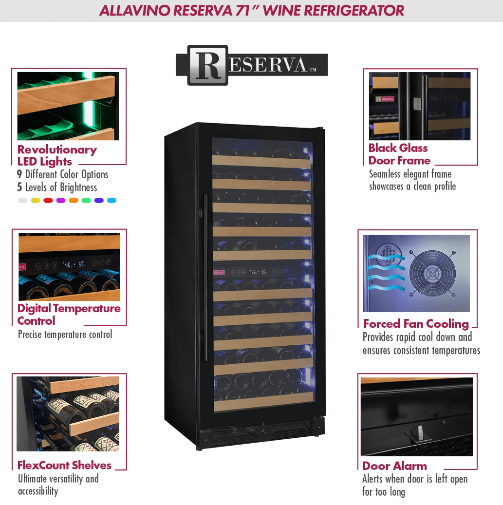 Allavino Reserva Series 119 Bottle 55" Tall Dual Zone Black Glass Wine Refrigerator VSW11955D-2BG image of product highlights