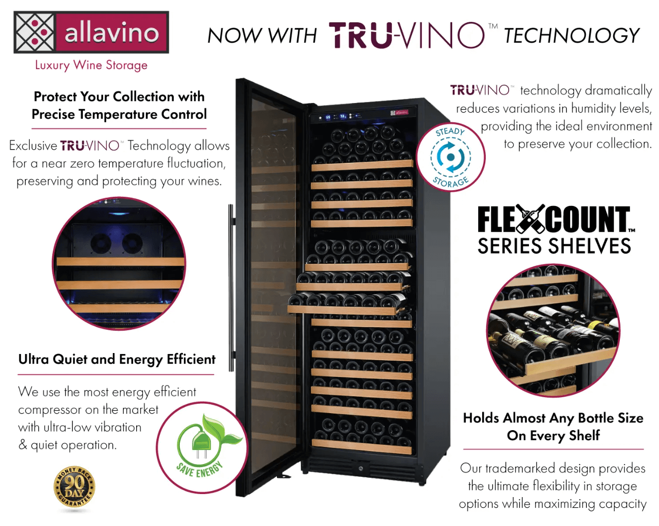 Allavino 24" Wide FlexCount II Tru-Vino 177 Bottle Single Zone Black Wine Refrigerator VSWR177-1BR20 image of product highlights