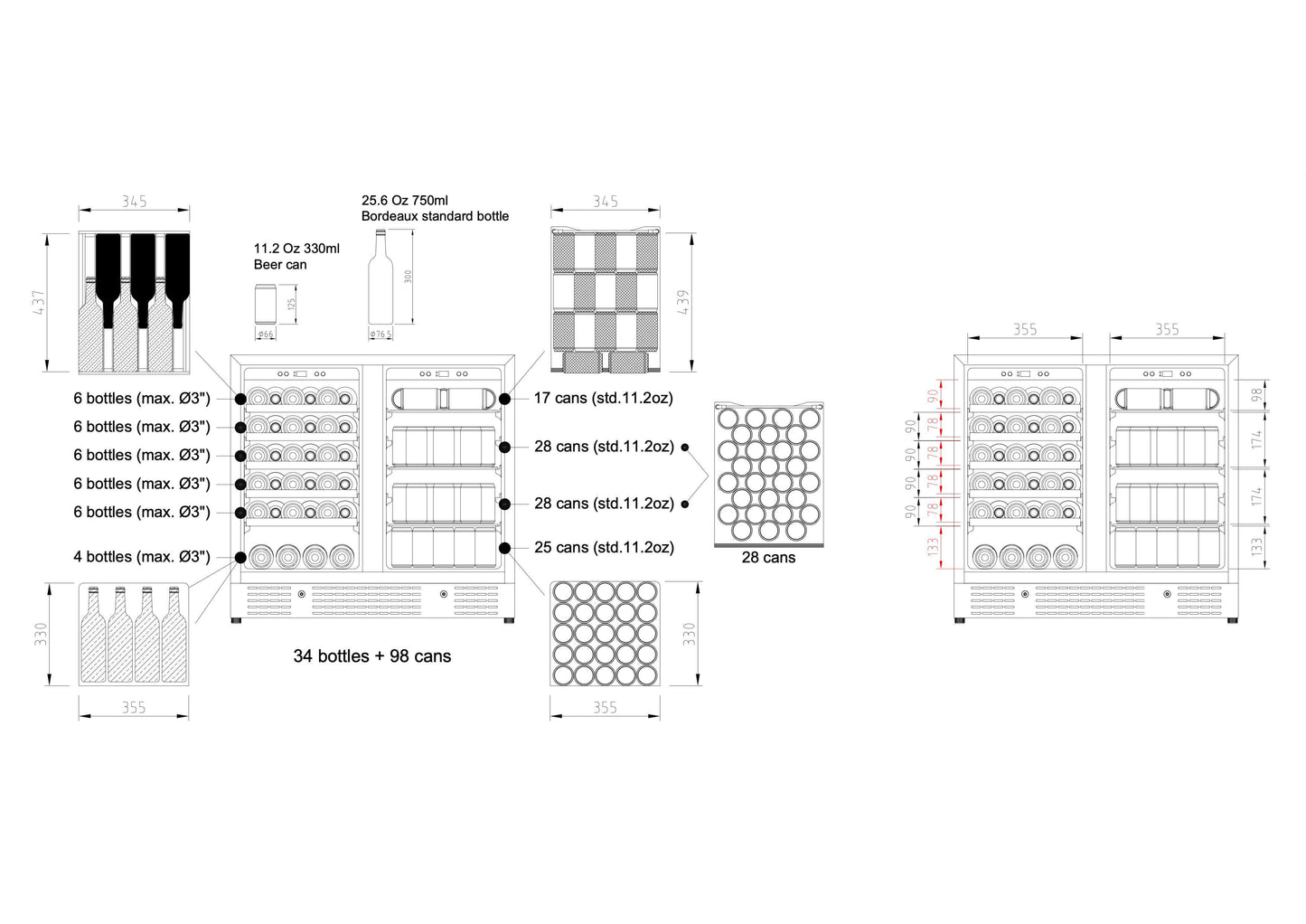 36" Beer and Wine Cooler Combination with Low-E Glass Door KBU190BW-SS bottle diagram