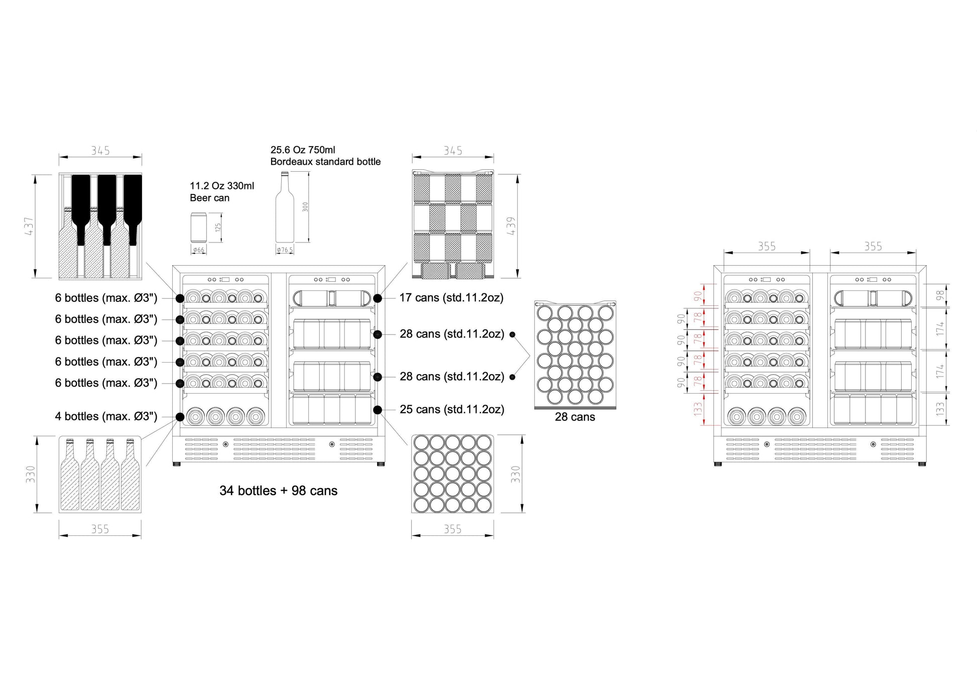 36" Beer and Wine Cooler Combination with Low-E Glass Door KBU190BW-SS bottle diagram