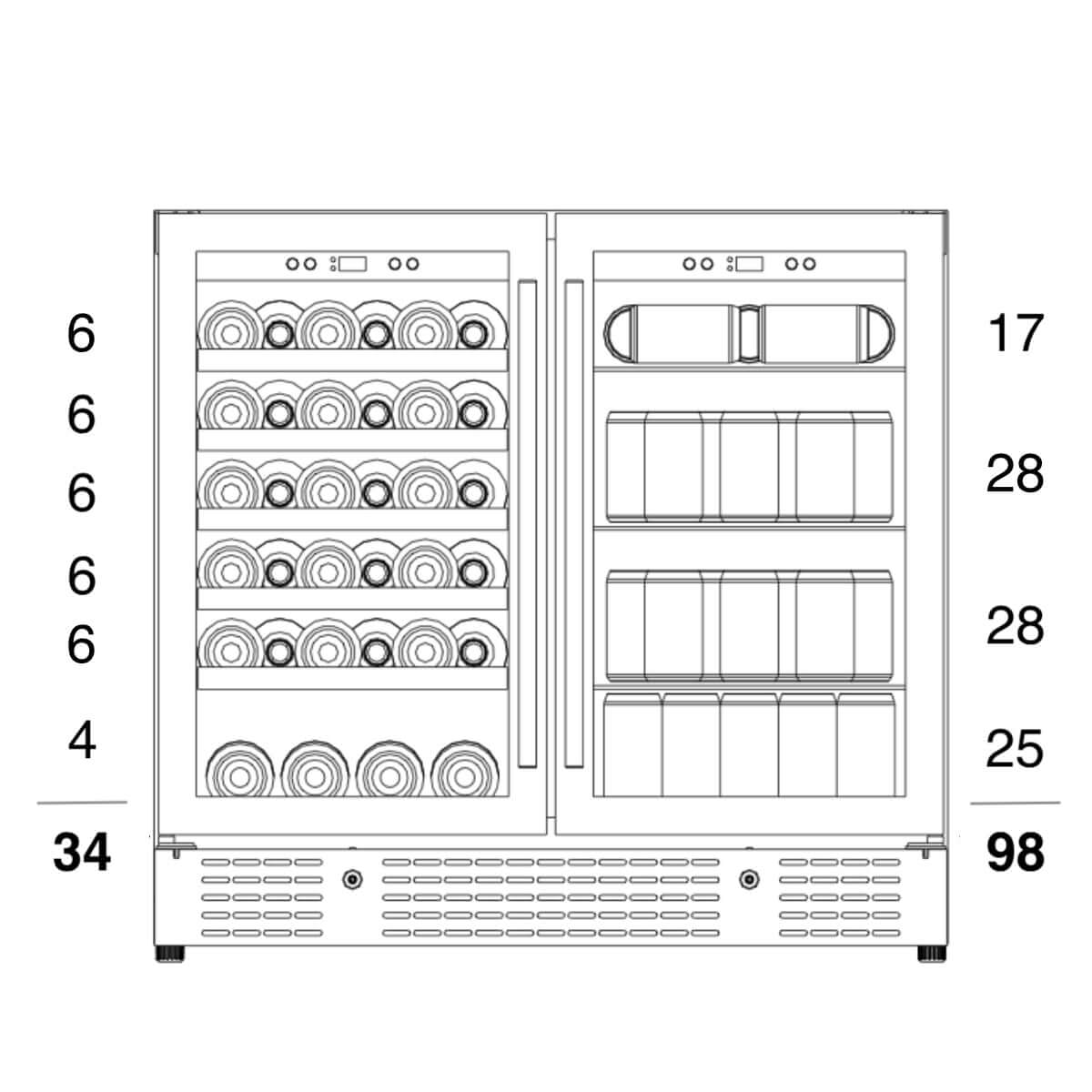 36" Beer and Wine Cooler Combination with Low-E Glass Door KBU190BW-SS bottle diagram