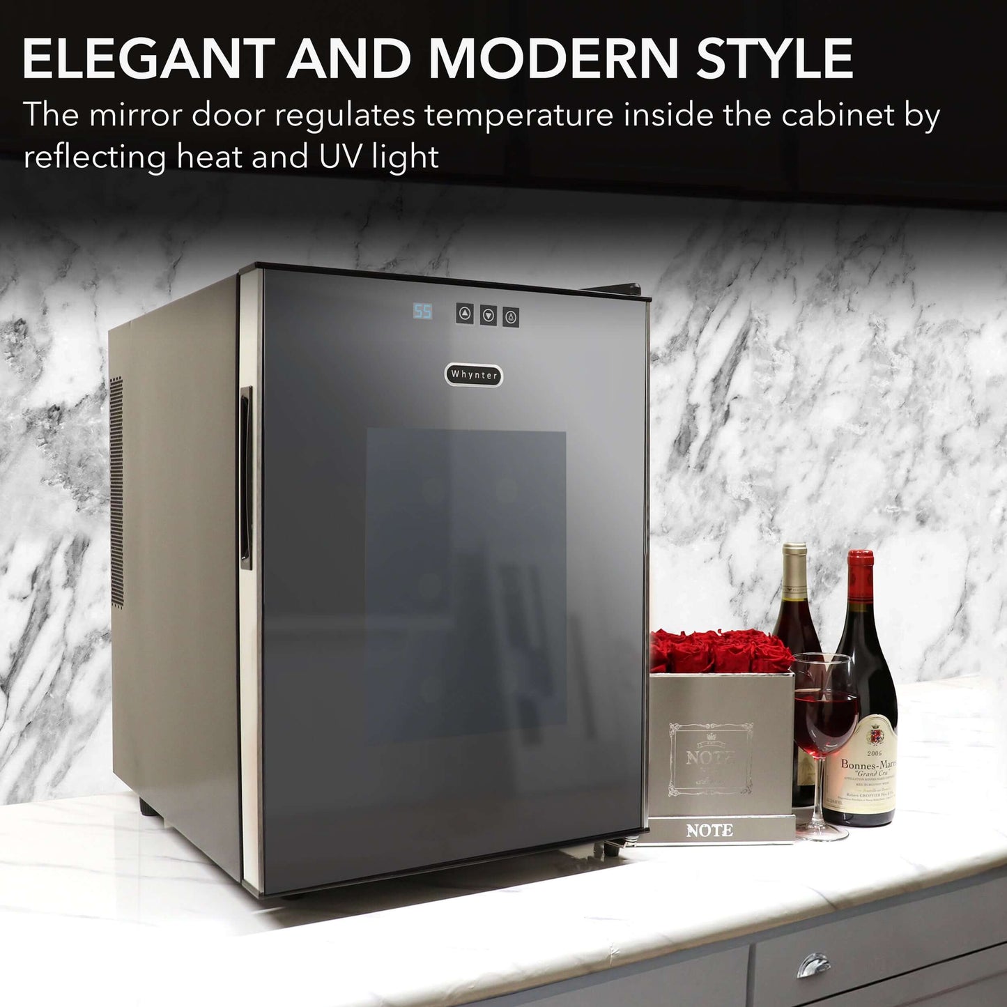 Whynter WC-201TD 20 Bottle Freestanding Thermoelectric Wine Cooler with Mirror Glass Door image of product description